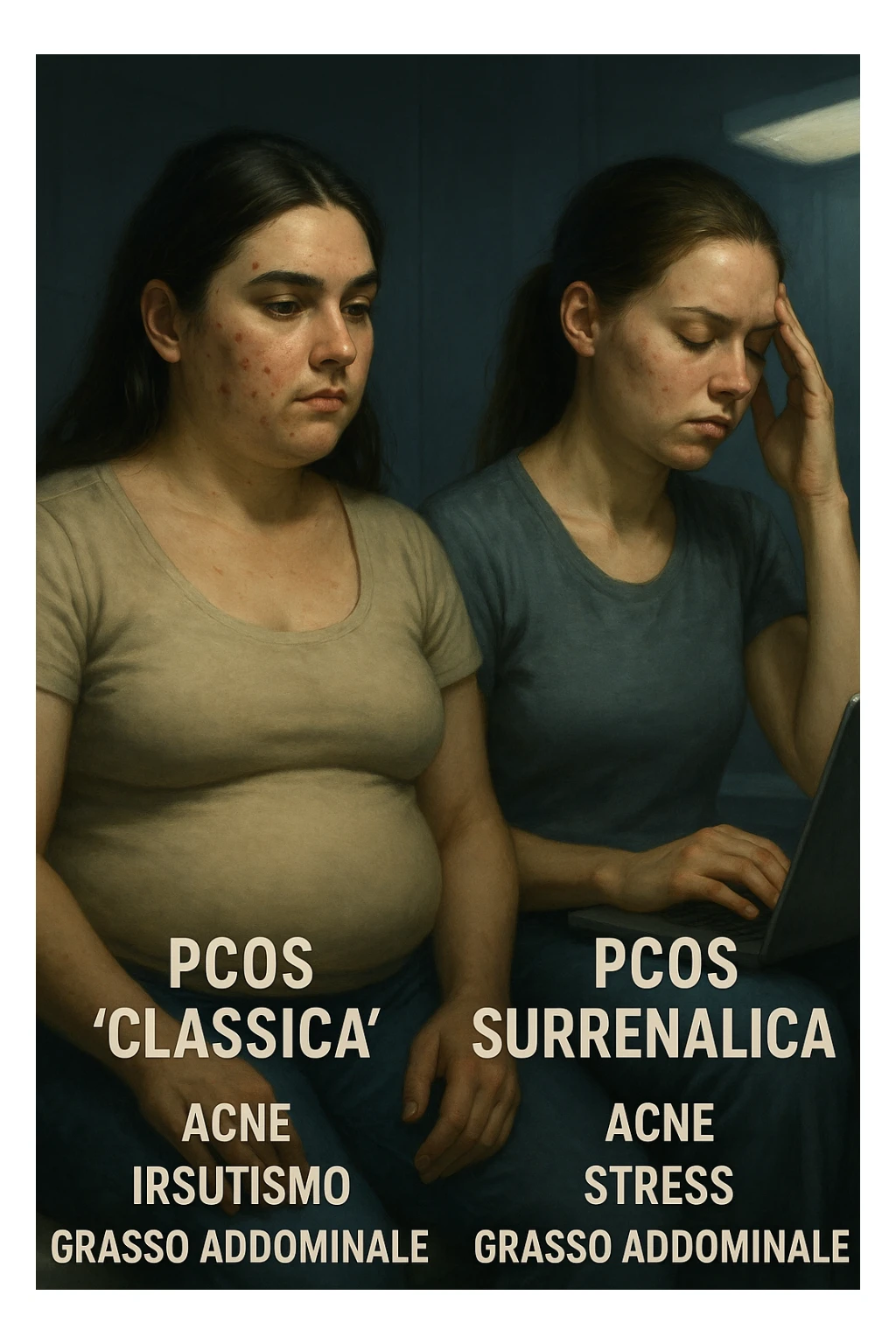 Illustrazione verticale realistica in italiano: a sinistra donna con PCOS classica, a destra donna con PCOS surrenalica, con differenze visibili nei sintomi come acne, irsutismo, stress, distribuzione del grasso. Atmosfera clinica con luci drammatiche. Didascalie in italiano. Aspect ratio 2:3. sticker