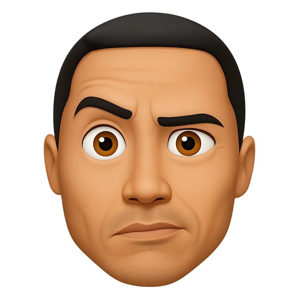 Make Dwayne Johnson do his iconic pose with one eyebrow raised, emoji style, keep background transparent. sticker