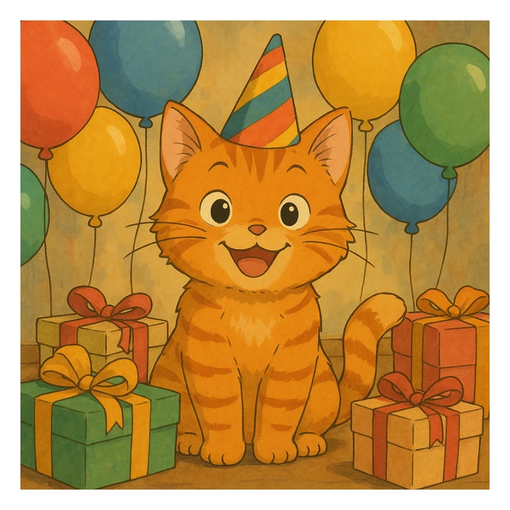 ginger tabby kitten wearing a birthday hat, surrounded by balloons and gifts, smiling, ghibli style birthday scene sticker