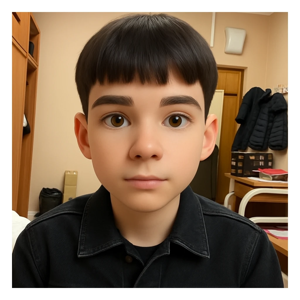 Make the face not fat, not sad, not smiling, wearing a black denim jacket in 3d-emoji style sticker