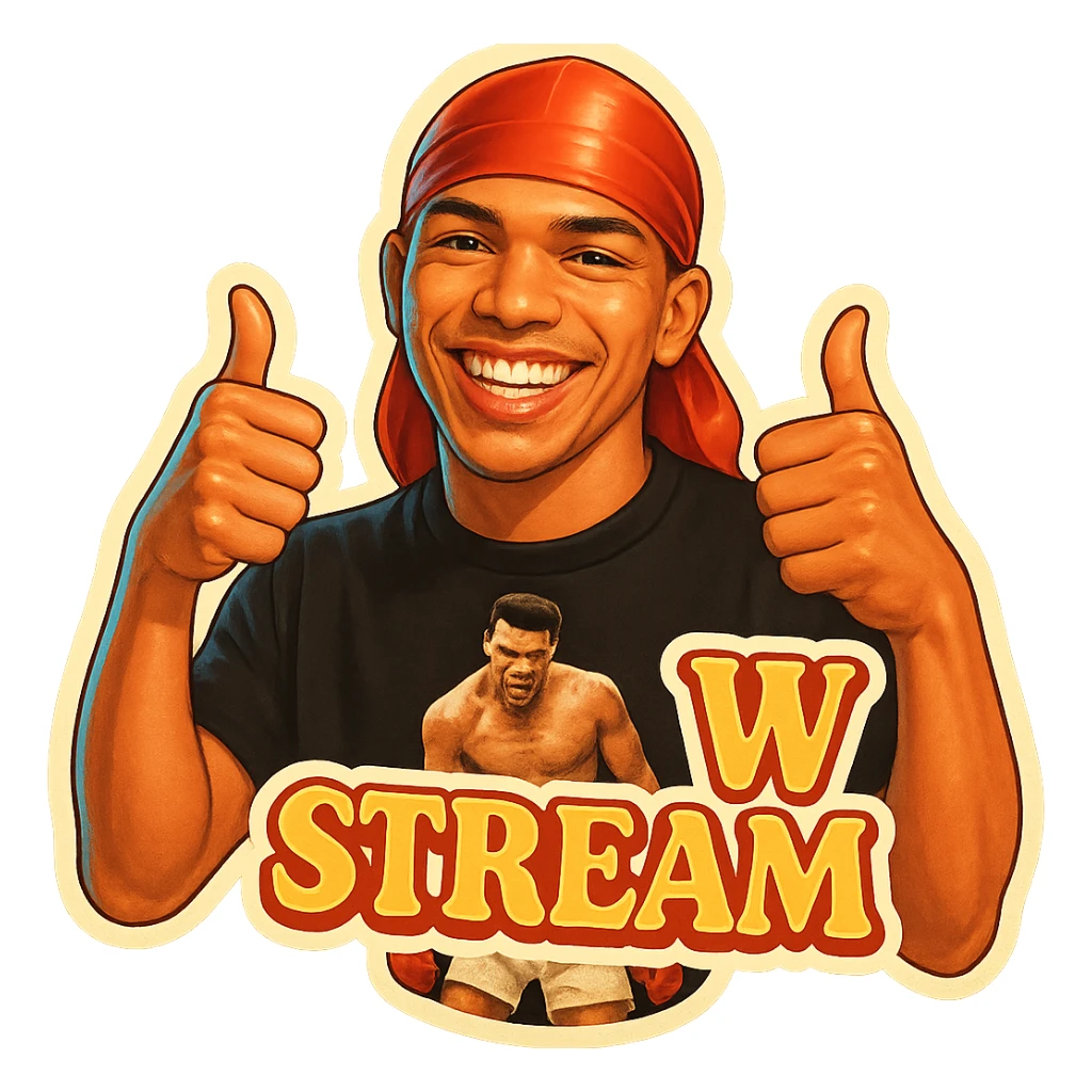 Make him Smiling With 2 thumbs up
Change His durag To Red
Add the words W Stream sticker