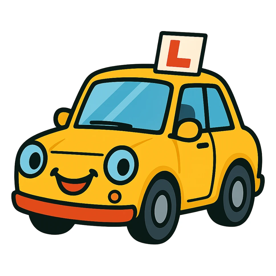 cartoon yellow car with L plate, cheerful style sticker