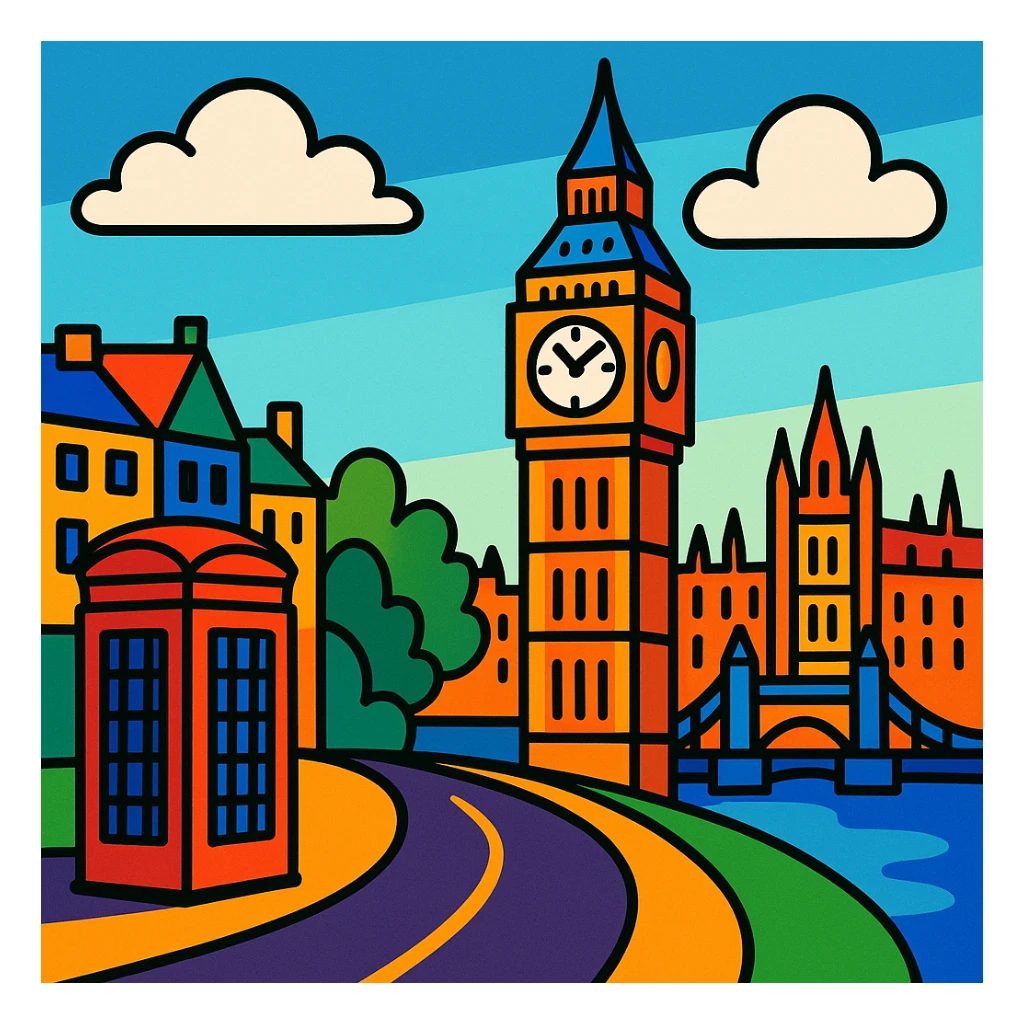 London cityscape with Big Ben in a vibrant cartoon style sticker
