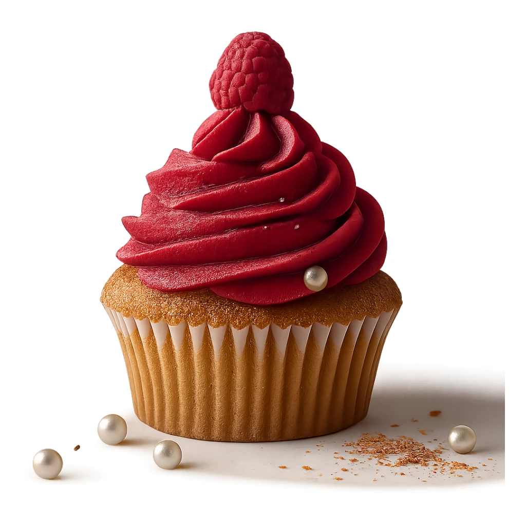Change the icing to raspberry, keep the realistic cupcake and accessories, photorealistic style, transparent background. sticker