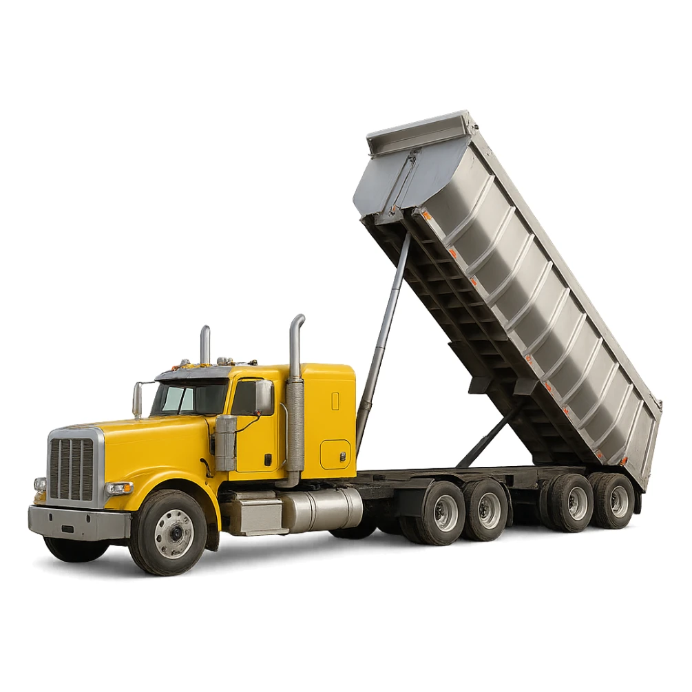 realistic yellow semi sleeper truck with long silver end dump trailer in raised dump position, clear details, realistic proportions, no background sticker