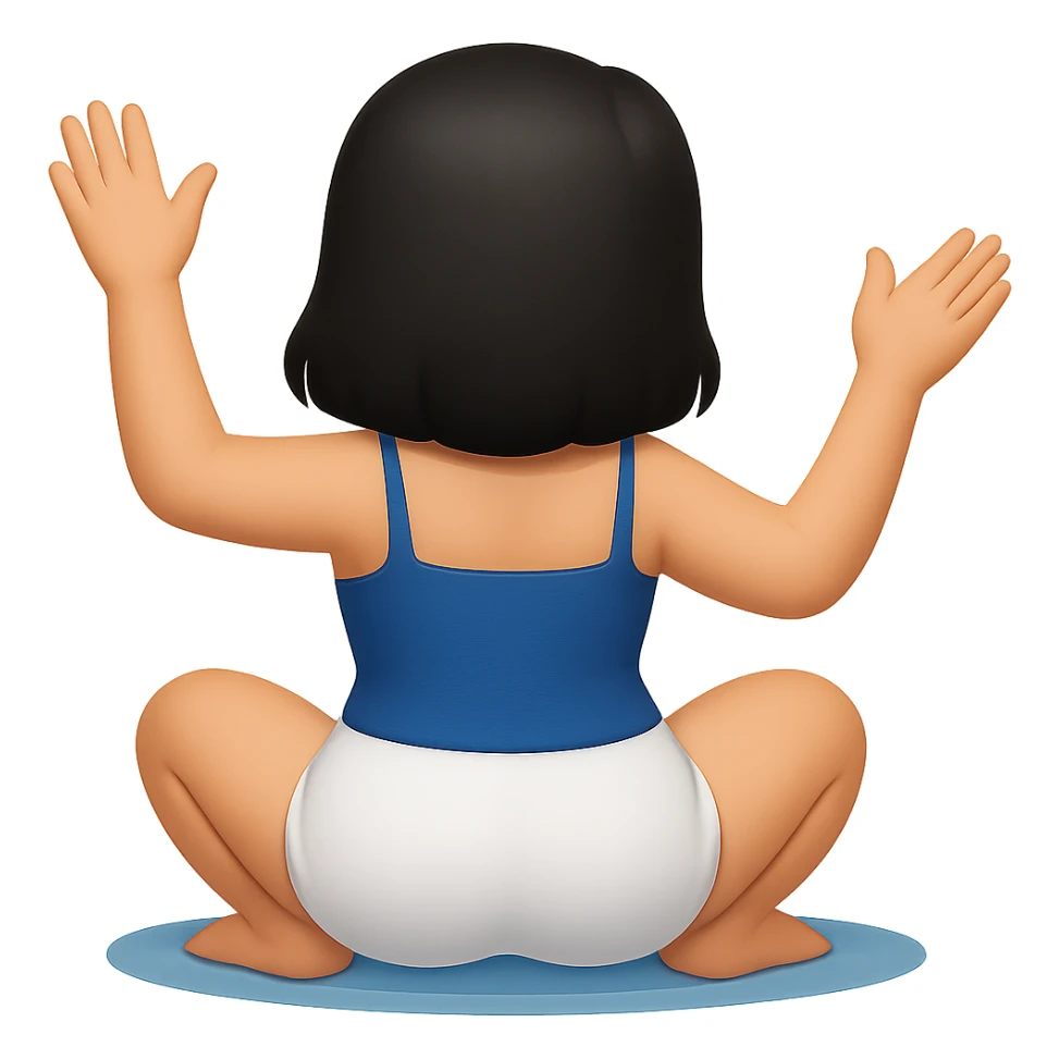 Edit the image to change the hair color to black. Keep the image safe for work (SFW), show the back view, sitting on soles, waving. Remove the background so it is transparent. sticker