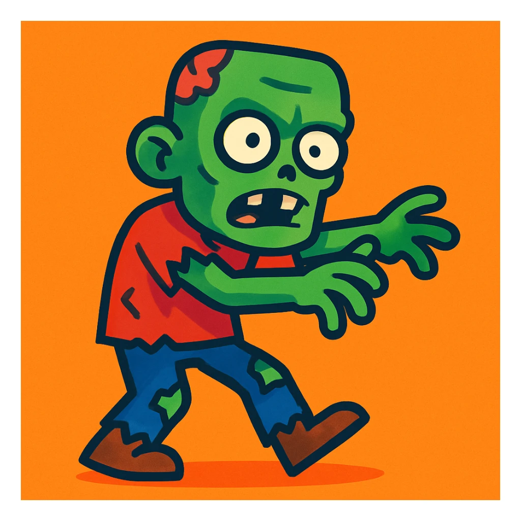 zombie cartoon style, green skin, tattered clothes sticker