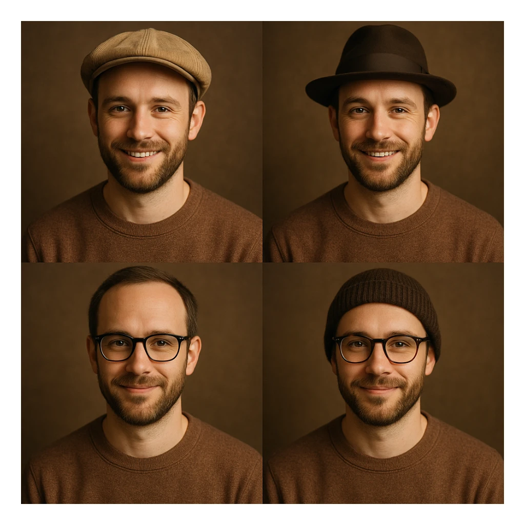 Create images of a man with different accessories such as hats and glasses in the same style as the reference image. Preserve the style and look of the original man. sticker