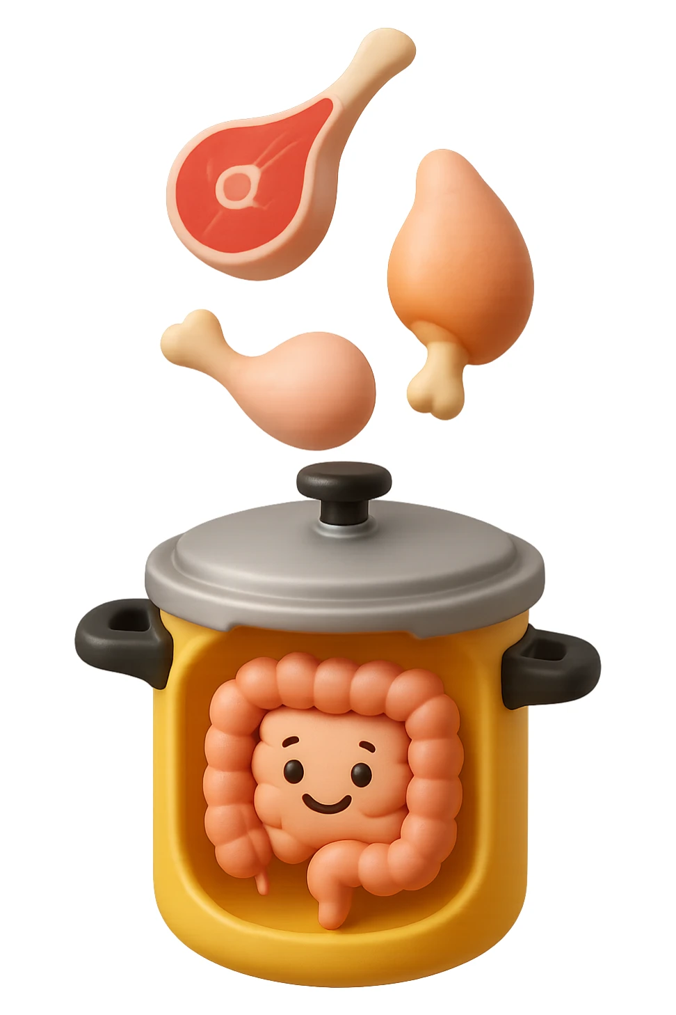 emoji stile iphone in 3d di una pentola a pressione dentro cui cadono agnello, pollo, tacchino crudi e un intestino umano felice da cuocere, iperrealistico 4k sticker