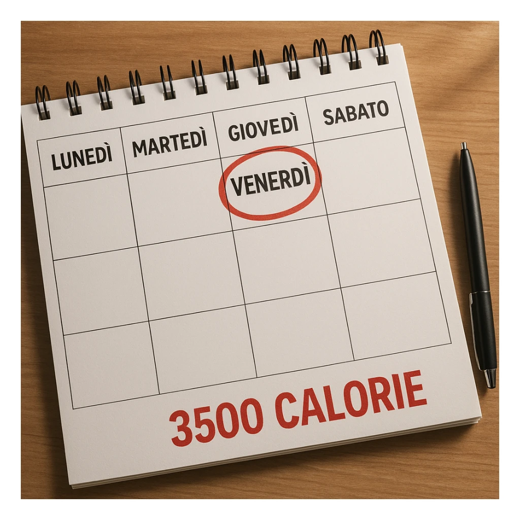 A hyperrealistic weekly calendar viewed from above in Italian, showing days from Monday to Sunday. Friday is circled in red. Below Sunday, the text '3500 calorie' is in red and bold. The image has 4K details and a desk atmosphere. sticker