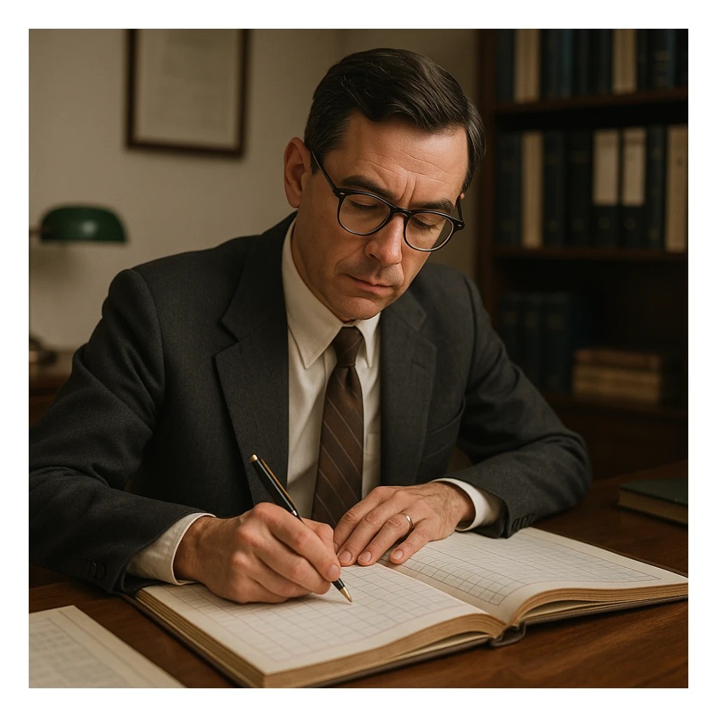 a working accountant, focused, writing in a ledger, with glasses, classic office setting, professional atmosphere sticker