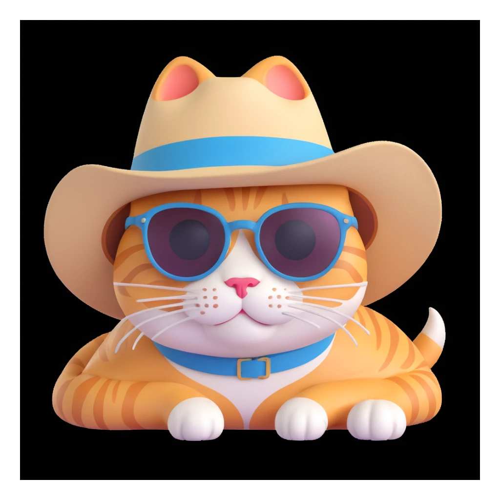 a cat in a summer panama hat with large brim, wearing sunglasses, lying on its stomach with its head resting on the ground sticker