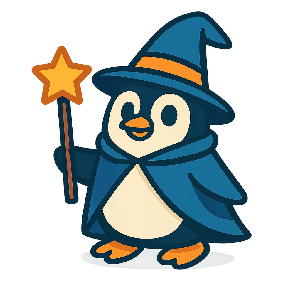 penguin dressed as a wizard, with a pointy hat and a magic staff, playful cartoon style sticker