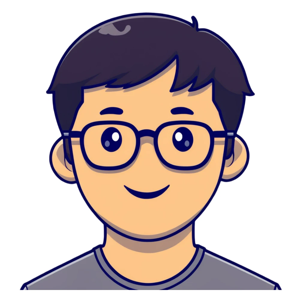 Asian man with short black hair, glasses, friendly smile, Josh Lim character sticker