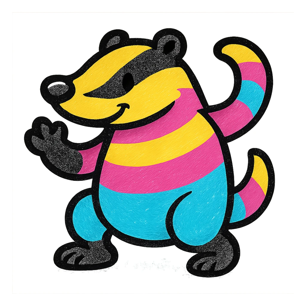 stylized badger with rainbow stripes, playful pose, minimal background sticker