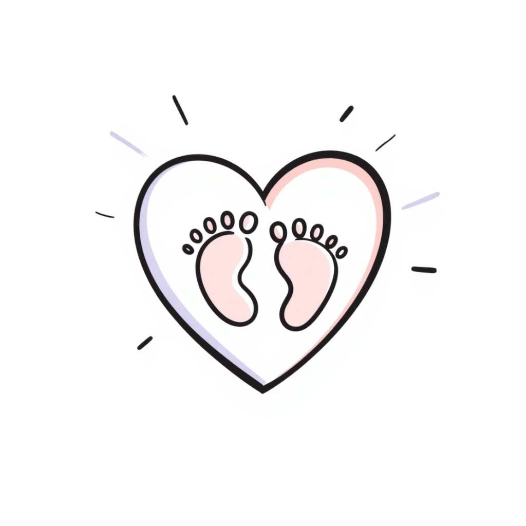 Simple, tasteful maternal symbol with a heart and tiny baby footprints. Hand-drawn doodle style using pastel colors (pink, light blue, lavender, peach). Gentle design representing motherhood and pregnancy. Sweet illustration with soft, nurturing elements. sticker