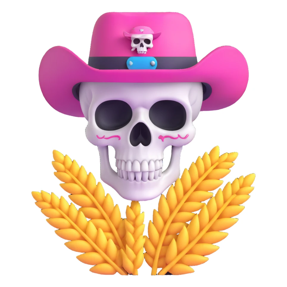 skull with pink cowboy hat and wheat in teeth sticker
