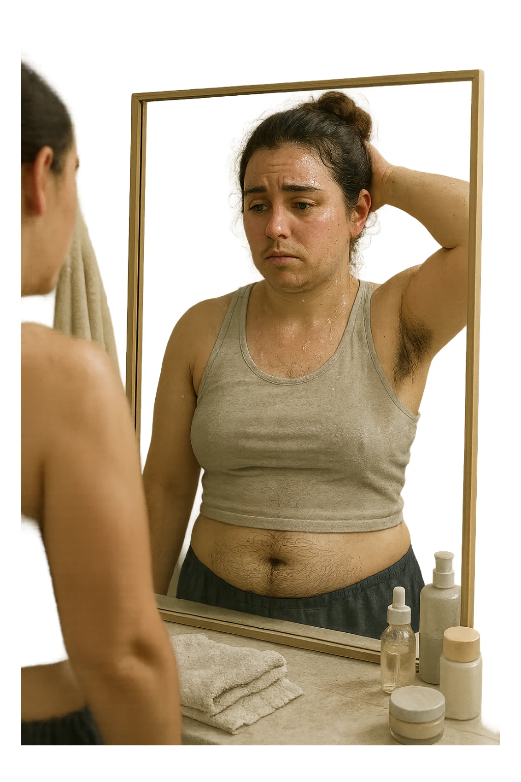 Donna tra i 25 e i 35 anni in un bagno o camerino, con espressione affaticata e leggermente imbarazzata, mentre si osserva allo specchio. È visibile una sudorazione abbondante sulla fronte e sotto le ascelle, e si notano peli più marcati su viso (mento o baffetti), addome e braccia. Indossa abiti leggeri o sportivi, e ha accanto a sé asciugamani e prodotti per la cura della pelle. Atmosfera realistica ma intima, con luce naturale e toni neutri. L'immagine trasmette consapevolezza, frustrazione e il desiderio di trovare soluzioni. Stile realistico, tono empatico e umano sticker