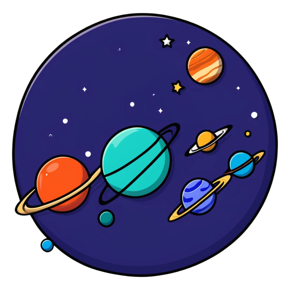 A colorful depiction of outer space with planets and stars sticker