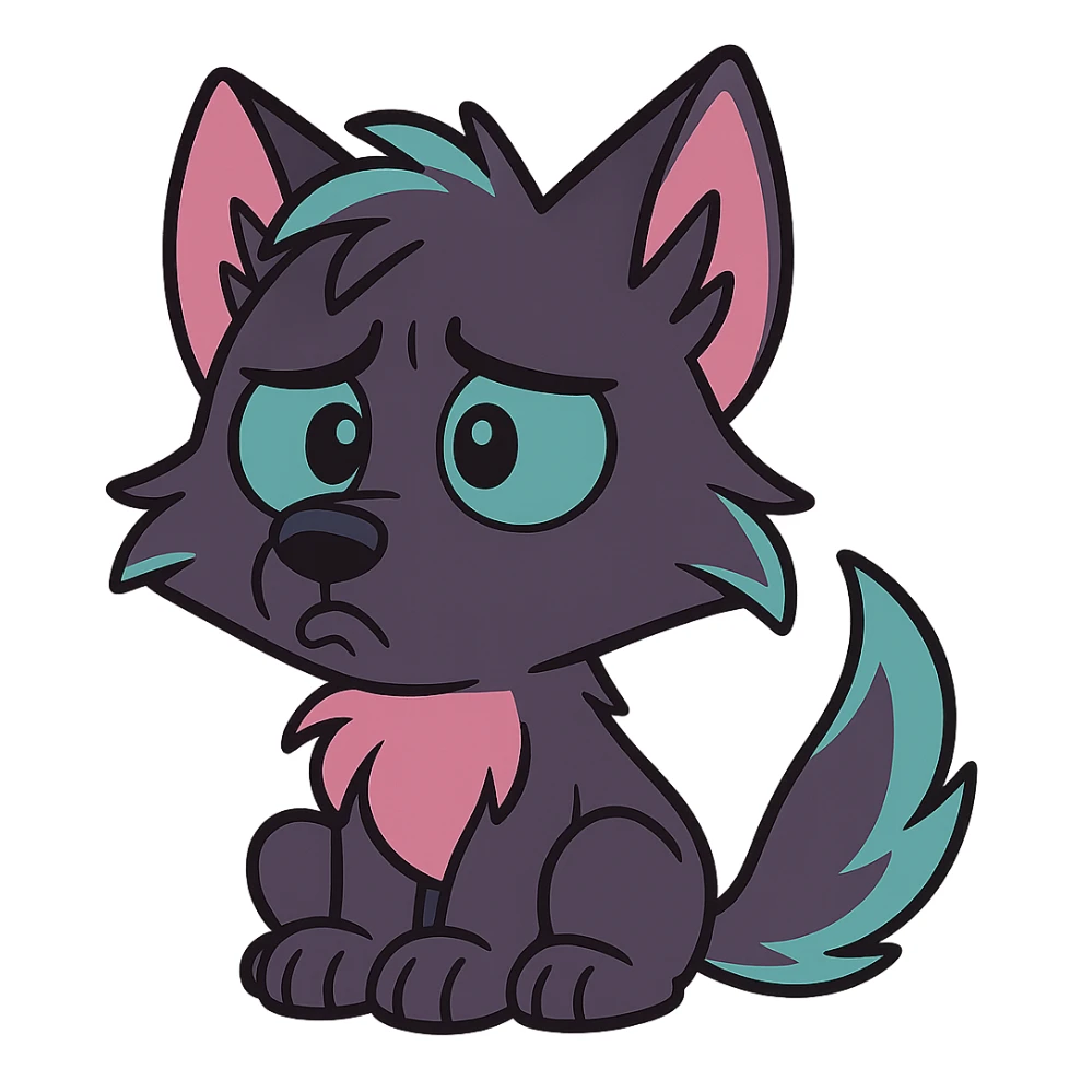 cute wolf pup with dark purple fur, neon mauve and neon teal highlights, pouting, comic style sticker