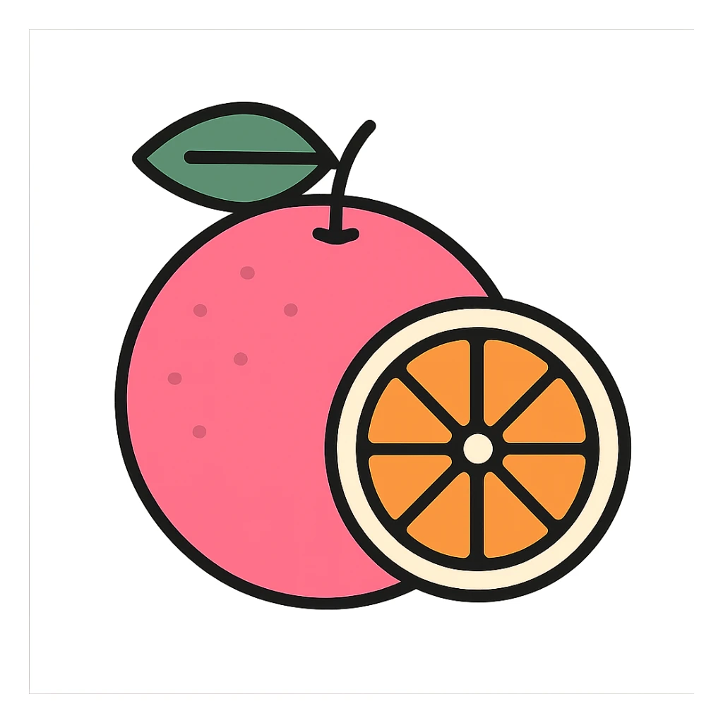 outlined icon of a whole pink grapefruit with a leaf, minimal and clean design, 3-4 colors, orange, white, and pink palette sticker