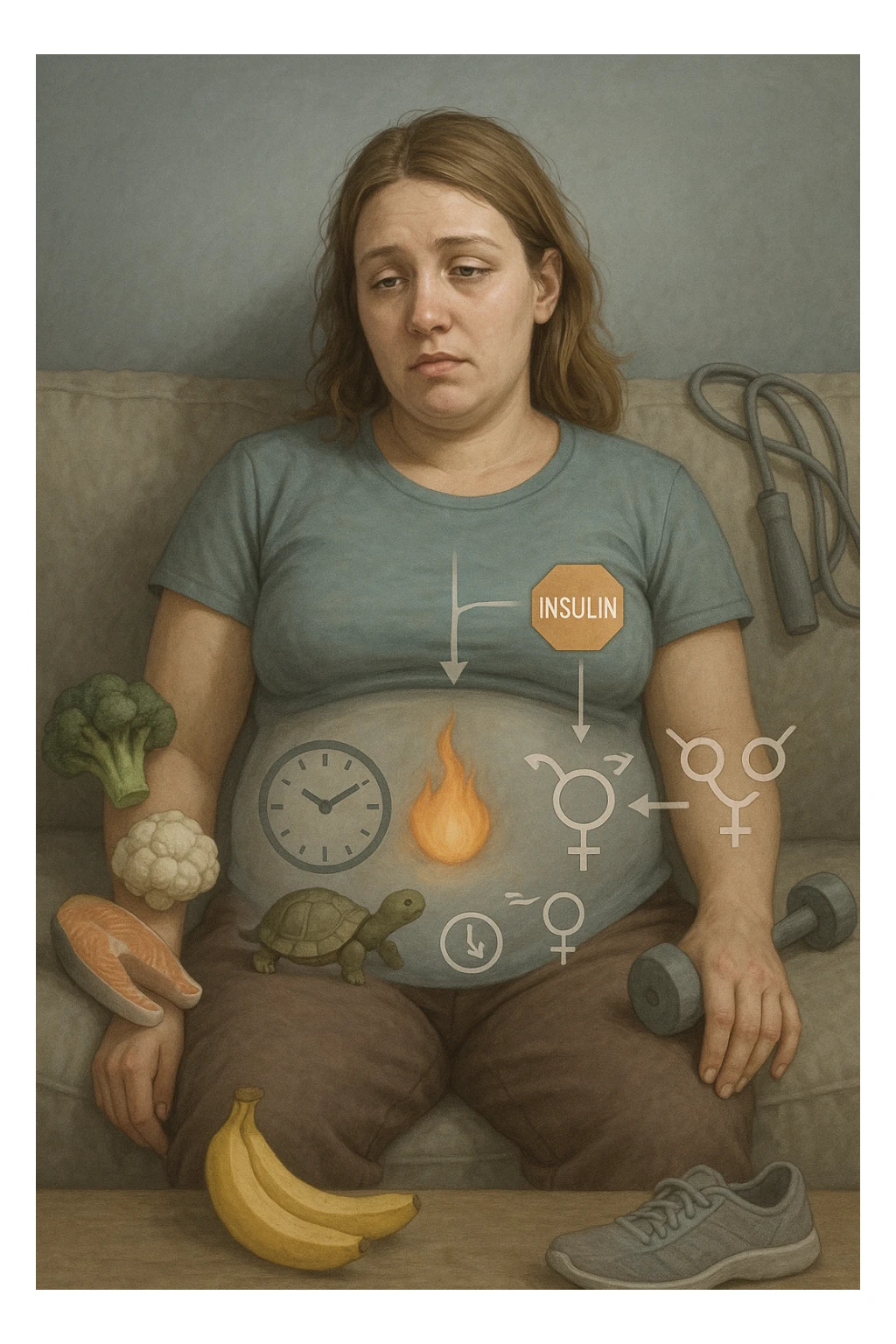 Donna tra i 25 e i 35 anni con fisico leggermente gonfio e postura affaticata, seduta con sguardo stanco. In trasparenza sul suo corpo, si vedono elementi simbolici: una fiamma metabolica molto piccola nel centro dell’addome, una tartaruga accanto a un simbolo di orologio rallentato, indicatori visivi di insulino-resistenza e squilibri ormonali. Intorno a lei: cibo sano non digerito bene, attività fisica poco efficace. Colori spenti attorno al corpo, con toni freddi e lentezza visiva. Stile realistico con elementi infografici e simbolici integrati sticker