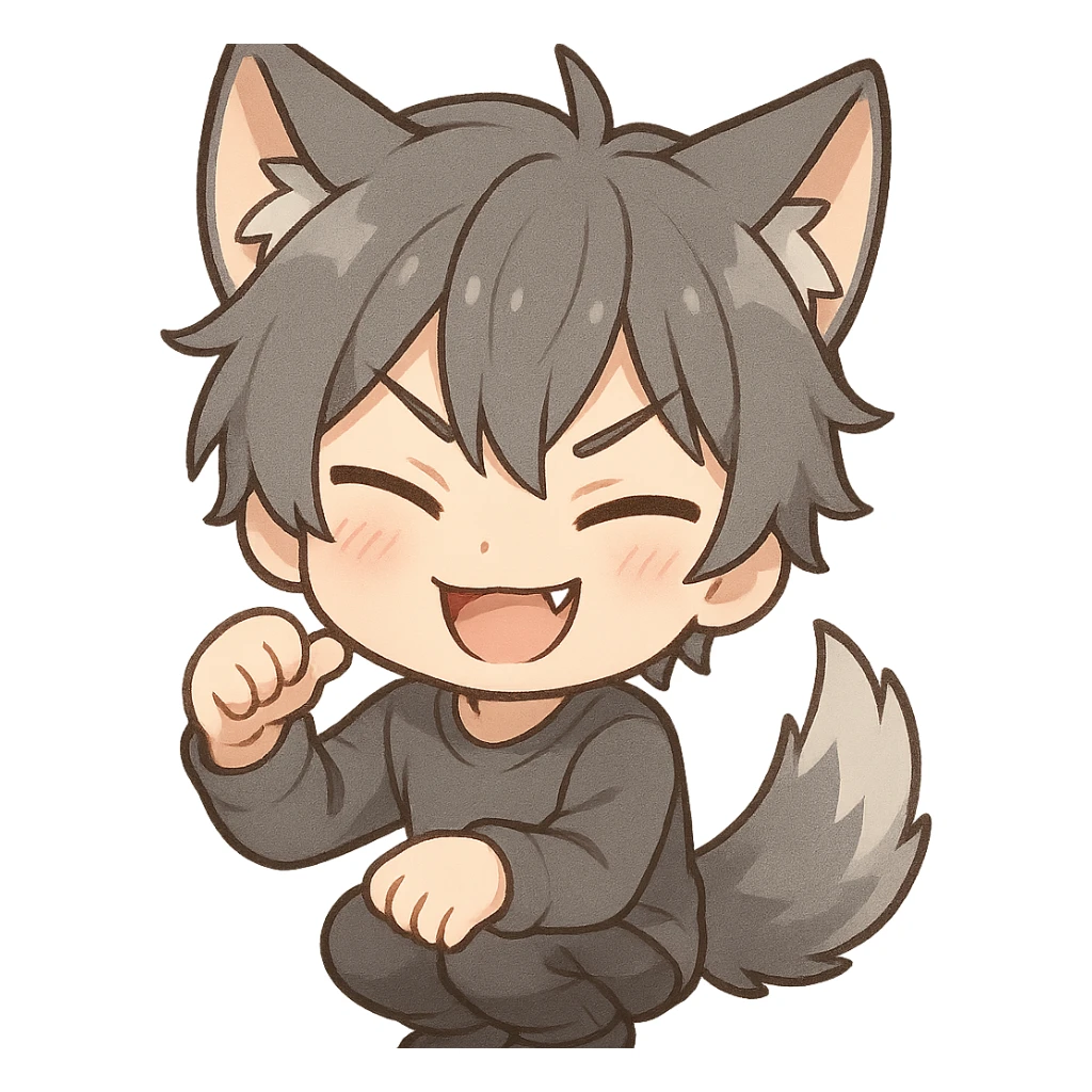 wolf boy with gray hair and wolf ears, mischievous grin, chibi stickers style sticker