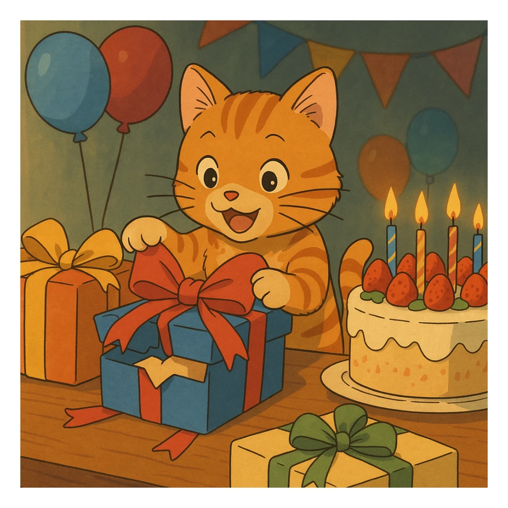 ginger tabby kitten opening presents, birthday party scene with balloons and cake, ghibli style sticker