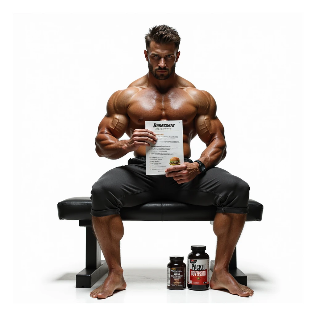 hyper realistic bodybuilder sitting on a bench holding a PCT list and a brochure with Italian text 'Benessere psicofisico', supplements next to him, recovery atmosphere, caption 'PCT: ripristino della salute', isolated on white background sticker