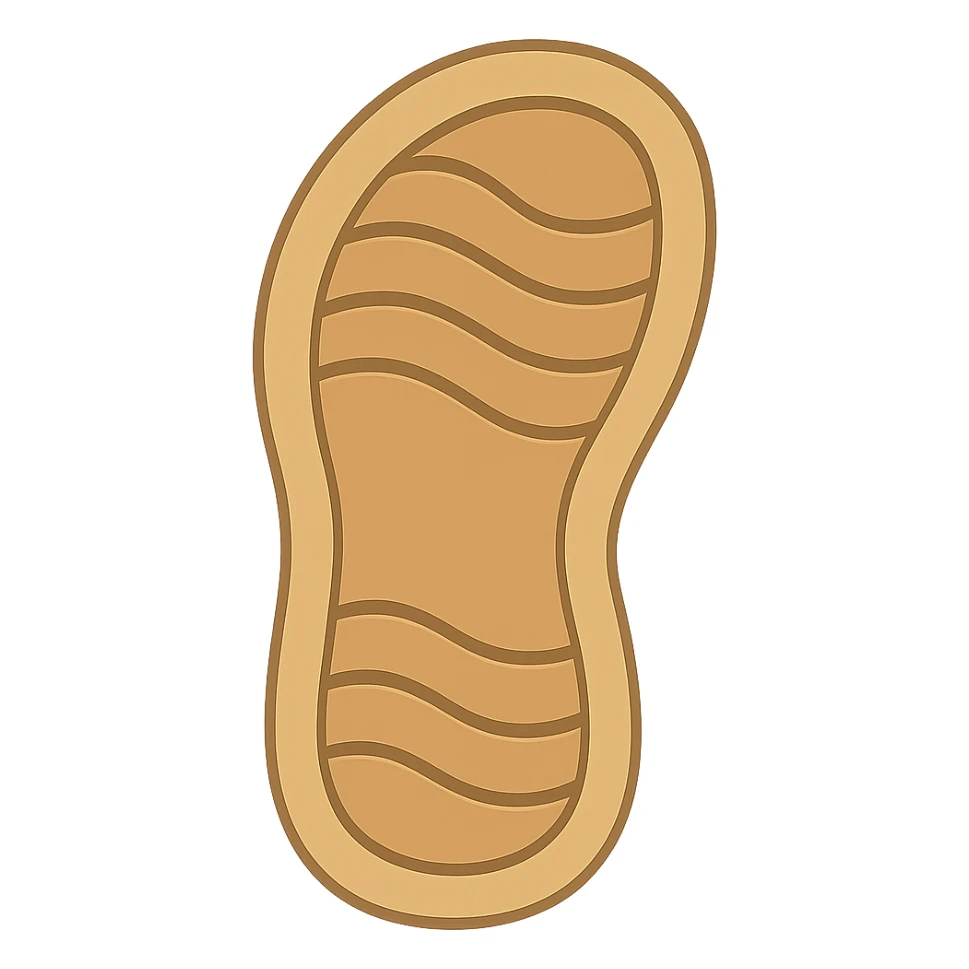 Create an emoji style sandal sole with minimal detail, matching the reference image, but with a slightly lighter color. The style should reflect the look of apple style emojis with simple and clean design. sticker
