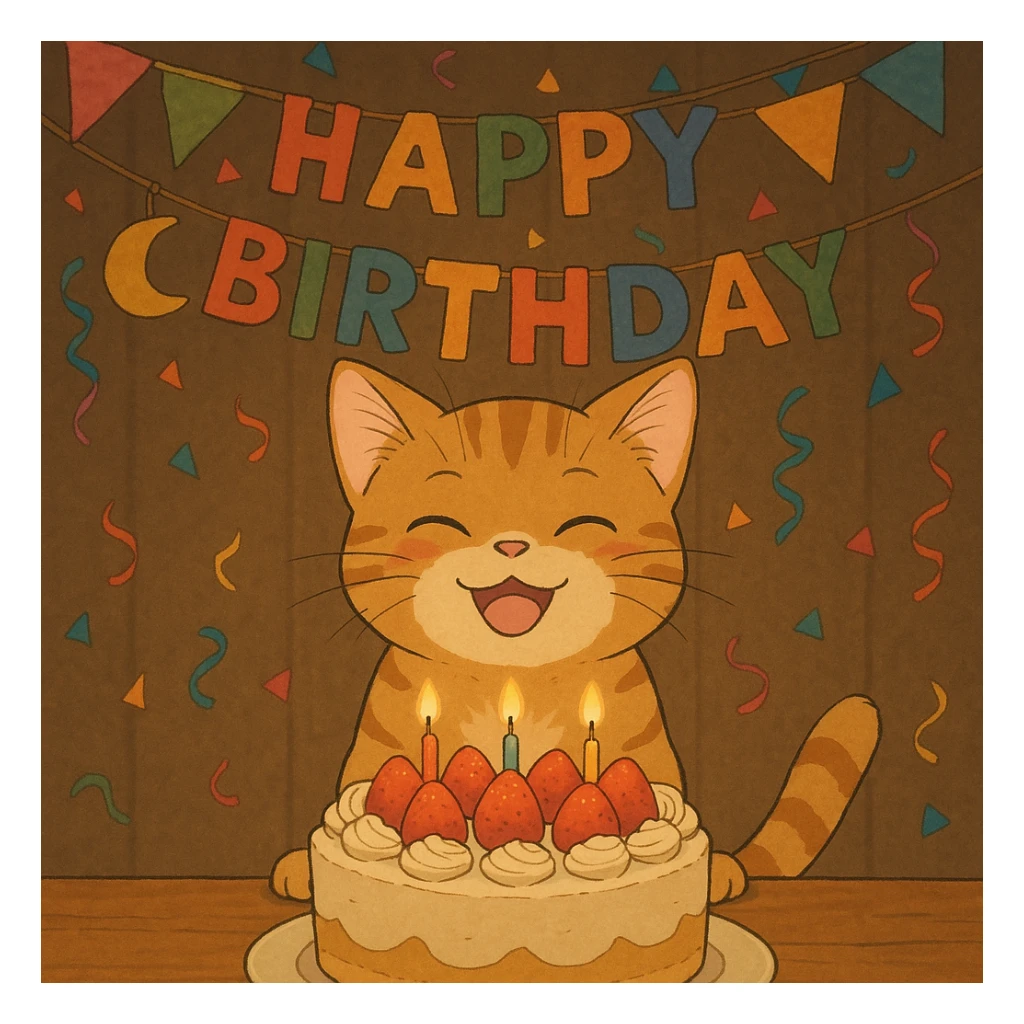 ginger tabby kitten with birthday cake, festive decorations, happy expression, ghibli style birthday scene sticker
