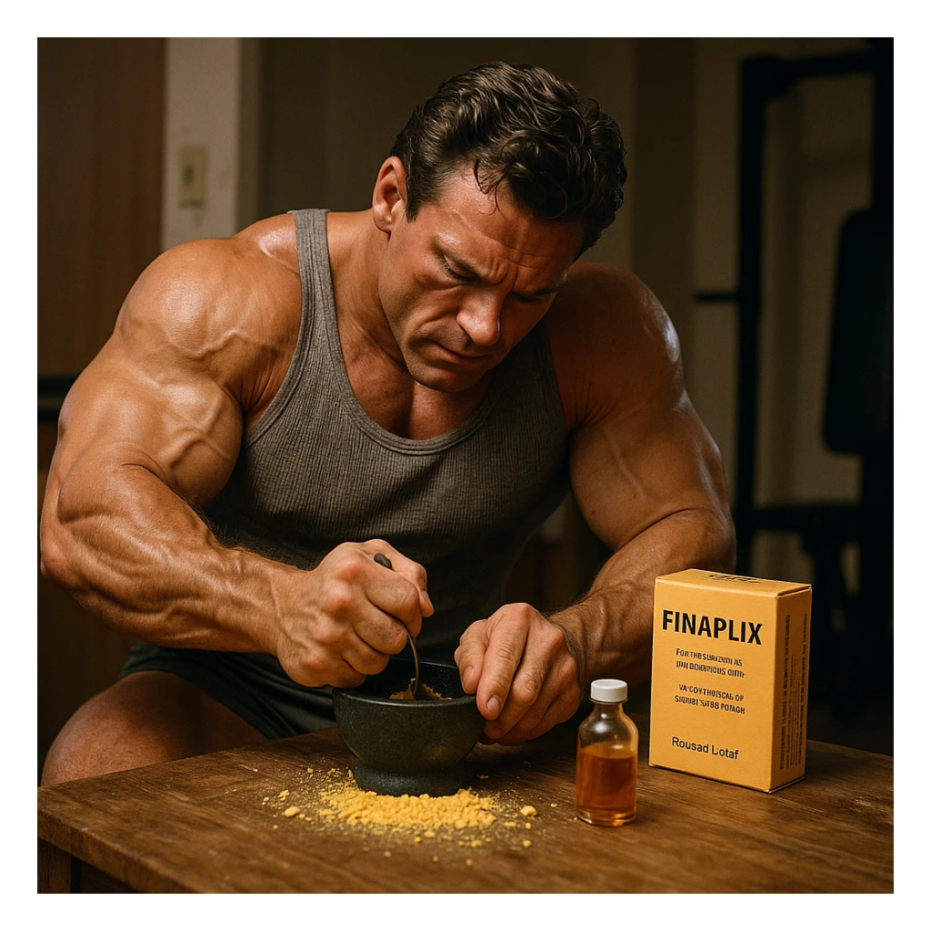 realistic 1990s bodybuilder crushing Finaplix pellets on a table to obtain liquid, domestic or gym environment, improvised tools like mortar or spoon, recognizable Finaplix packaging, 1990s atmosphere, realistic details sticker