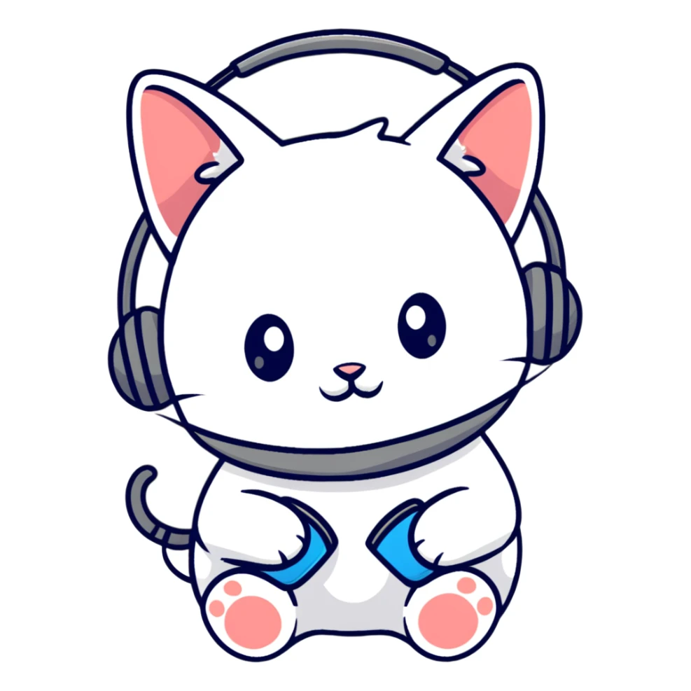 white hacker cat with headphones and a mouse sticker