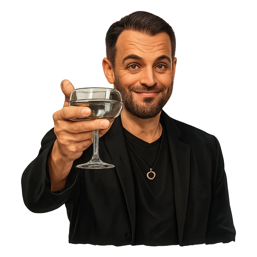 Герой на фотографии в позе и выражением лица из знаменитого мема с Ди Каприо из Великого Гэтсби, слегка рисованный, но при этом реалистичный объемный стиль, прозрачный фон sticker