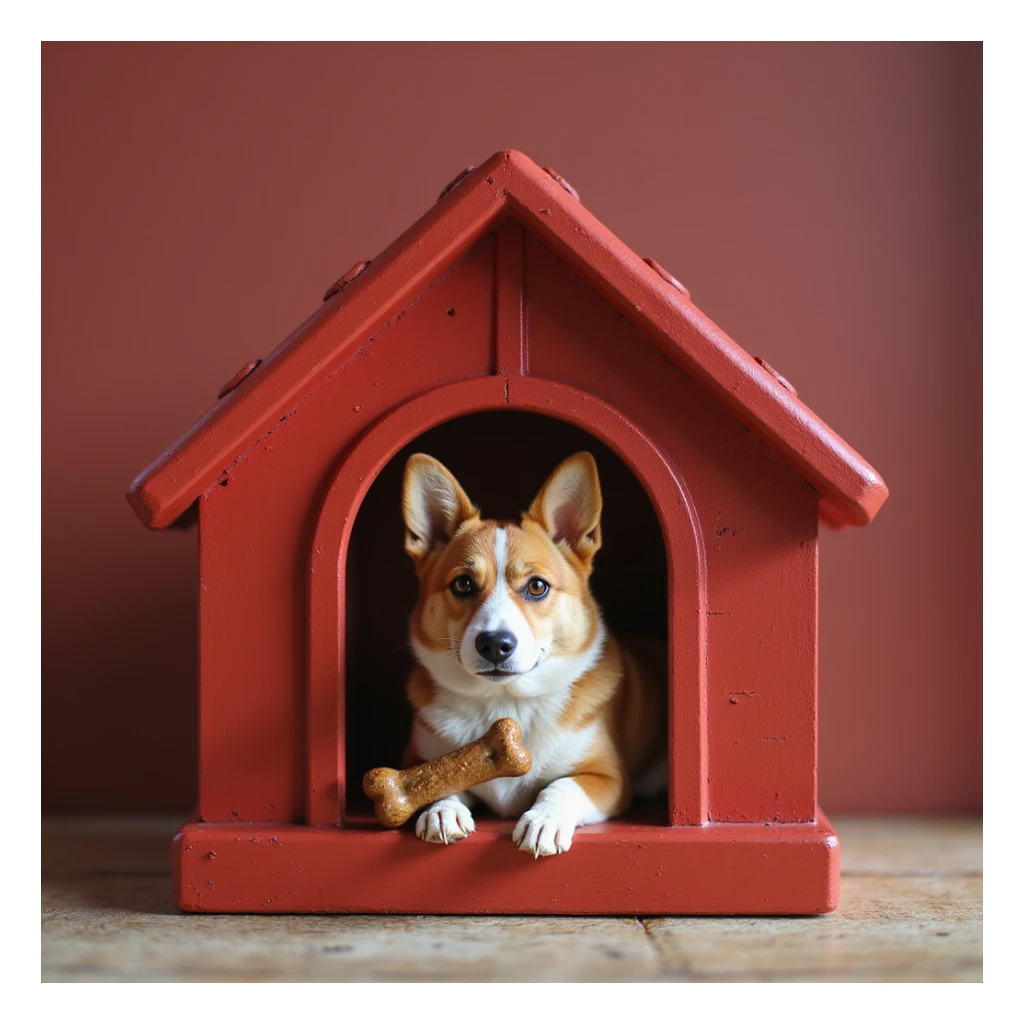 realistic red dog house with a Corgi dog inside, Corgi with a bone, photorealistic style sticker