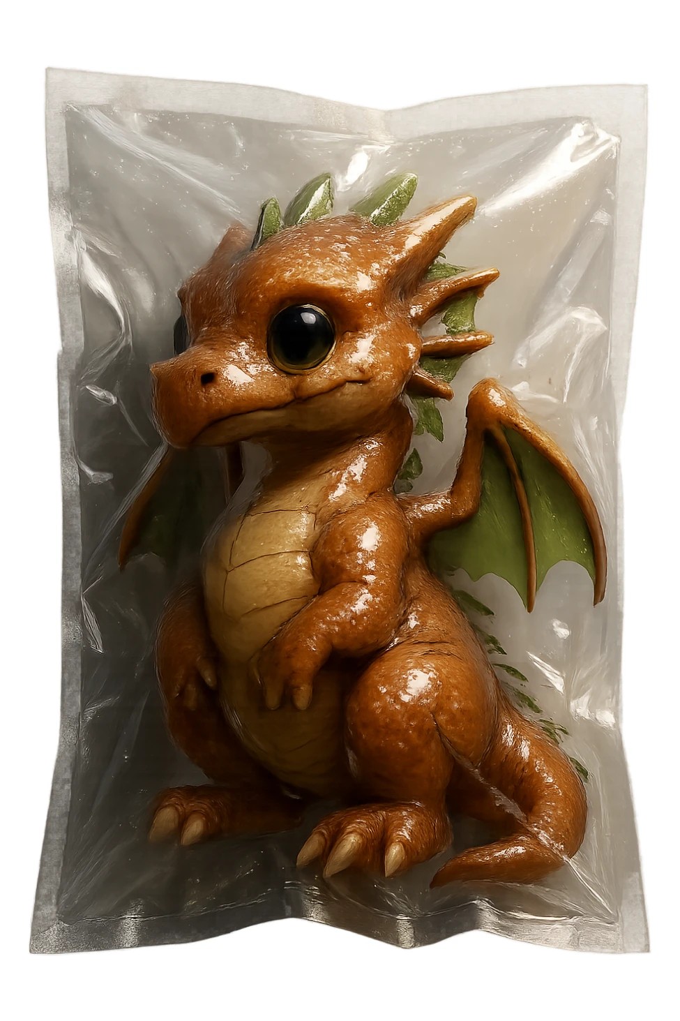 vacuum sealed style dragon, detailed, cute, shiny plastic look, no text sticker