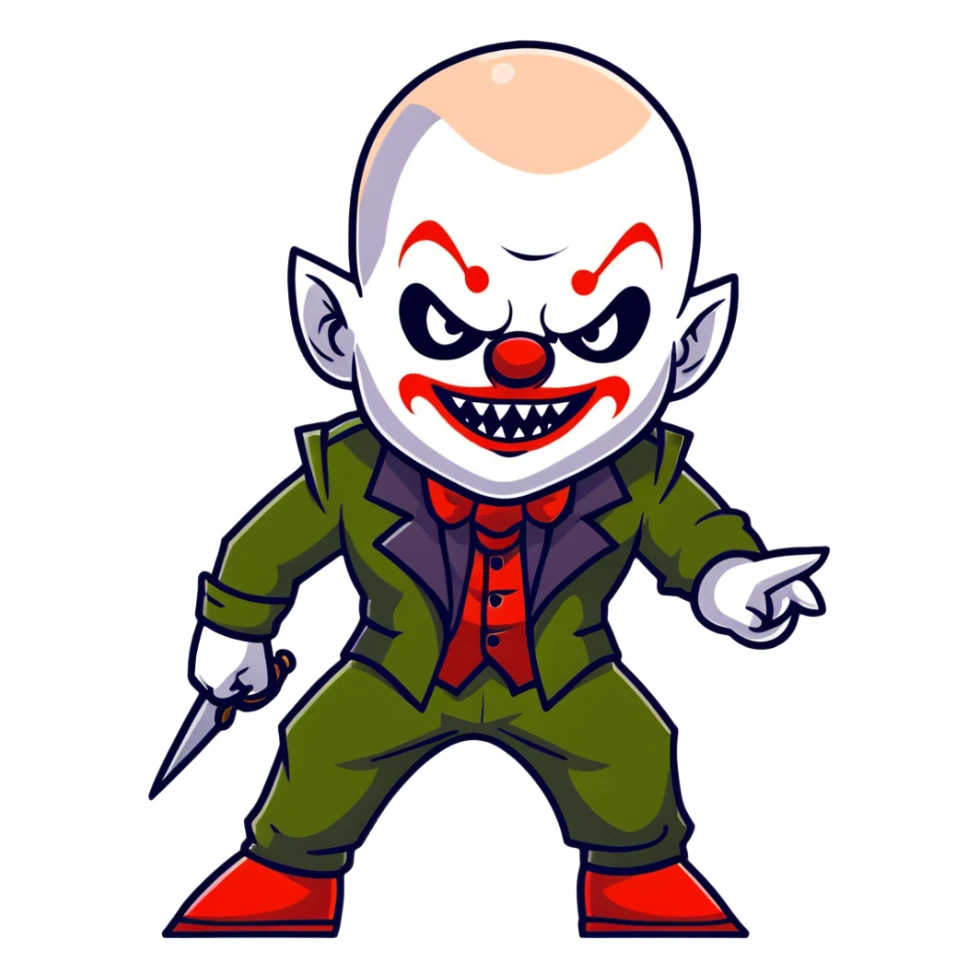 evil clown warrior, bald, small black satan-like horns on forehead, fangs, pointed ears, black and military green leisure suit with bellbottom pants, realistically proportioned, less bulky, full body, battle-ready fighting posture sticker
