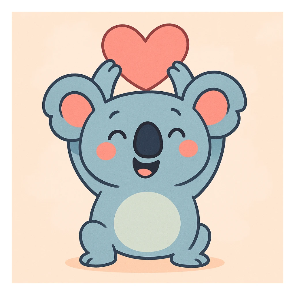 cartoon koala holding a heart above its head, pastel toon style, soft background sticker