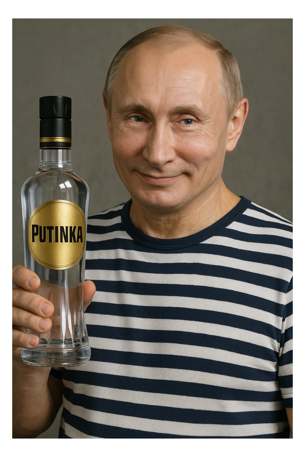 Сгенерируй мне как владимир путин в тельняжке держит эту водку, и на ней прям написанно только Путинка, другой текст убери. Он не должен касаться краев изображения и полностью помещаться в экран, а так же хитро улыбаться sticker