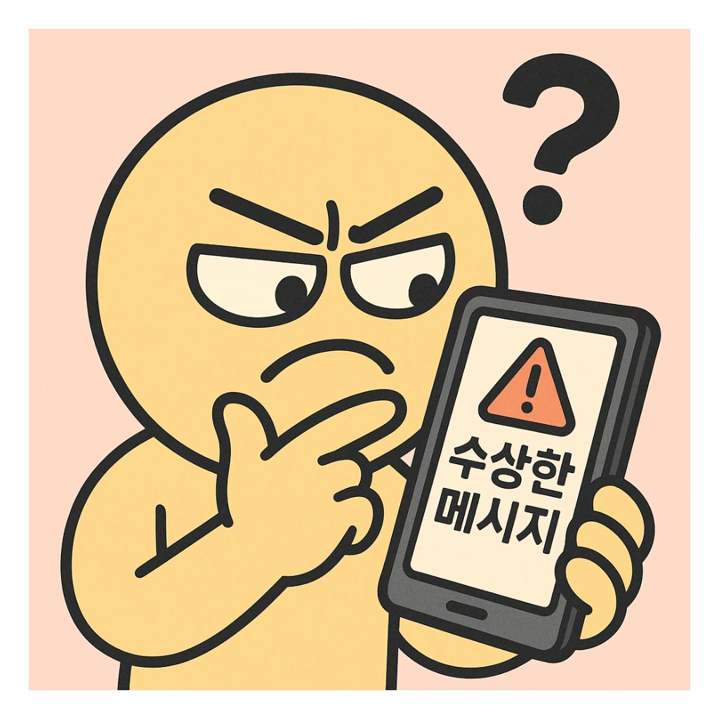 emoticon-style cartoon character looking suspiciously at a smartphone screen, screen displays '수상한 메시지' or '경고!' in Korean, with a question mark and red exclamation mark icon, flat design, bright colors, pastel background, 360x360px, PNG sticker