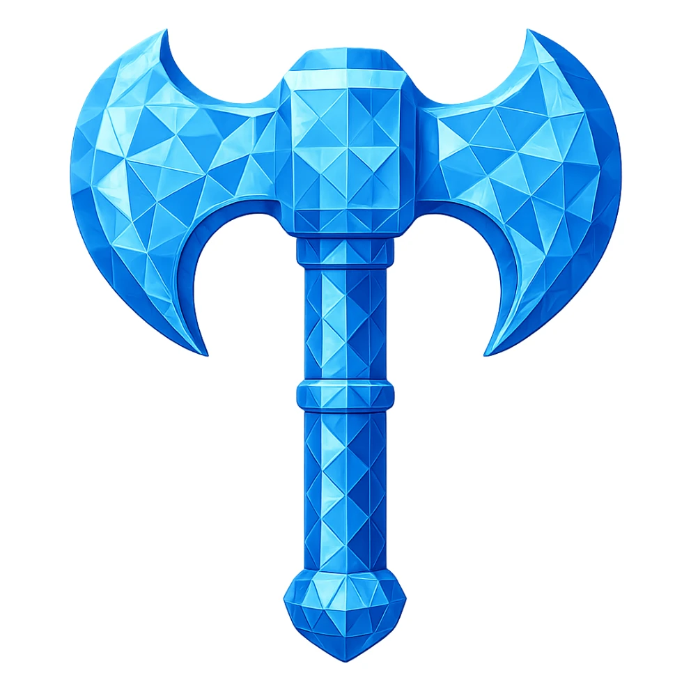 Transform the battleaxe into a diamond version, matching the color, faceted texture, and shine of the diamond chestplate reference. Keep the exact shape and proportions of the original battleaxe. Transparent background. sticker