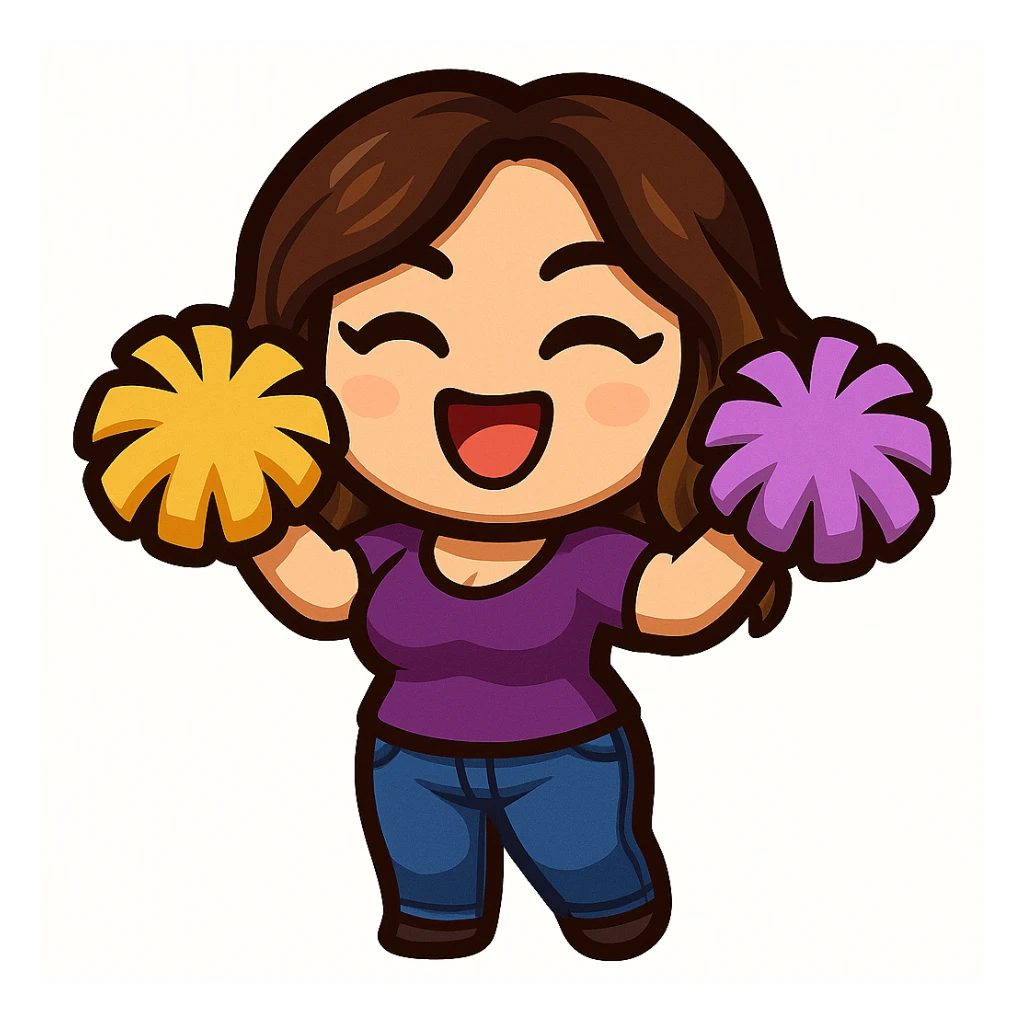 Sticker style chibi emote, matching the attached green heart emote as a base, but with a slightly skinnier body and a bigger chest. Woman from reference, purple t-shirt and blue jeans, cheering with pom-poms, cute excited face, no headband, no wand, no green heart, transparent background. Top color should not match jeans. sticker