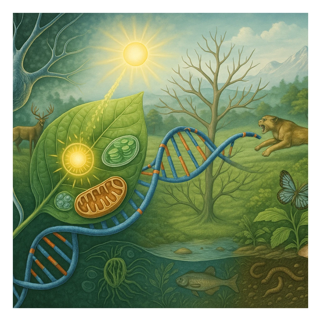 A panoramic scientific illustration merging all key biology topics for grades 11-12 into one continuous ecosystem scene, ultra-realistic style: In the foreground, a neuron (neurobiology) synapses with a leaf's vascular system (applied biology). The leaf undergoes photosynthesis (energy conversion) while revealing microscopic views of chloroplasts and mitochondria. Its DNA strands (molecular genetics) morph into a phylogenetic tree (evolution) that forms the landscape. In the background, a balanced ecosystem (ecology) shows predator-prey dynamics and nutrient cycling. All elements flow together organically through biological connections - no artificial borders, labels, or sections. Color palette: natural greens/blues with molecular structures in accurate scientific colors (red ATP, blue DNA). Style: National Geographic scientific realism with macro-to-micro transitions. sticker