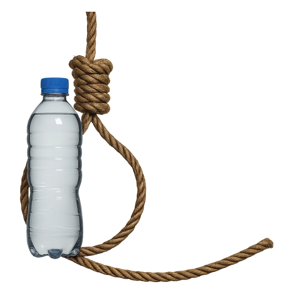 A long rope with a noose, inside the rope there is a visible water bottle, no background, realistic style, natural details, symbolic atmosphere, photorealistic and detailed water bottle inside the rope. sticker