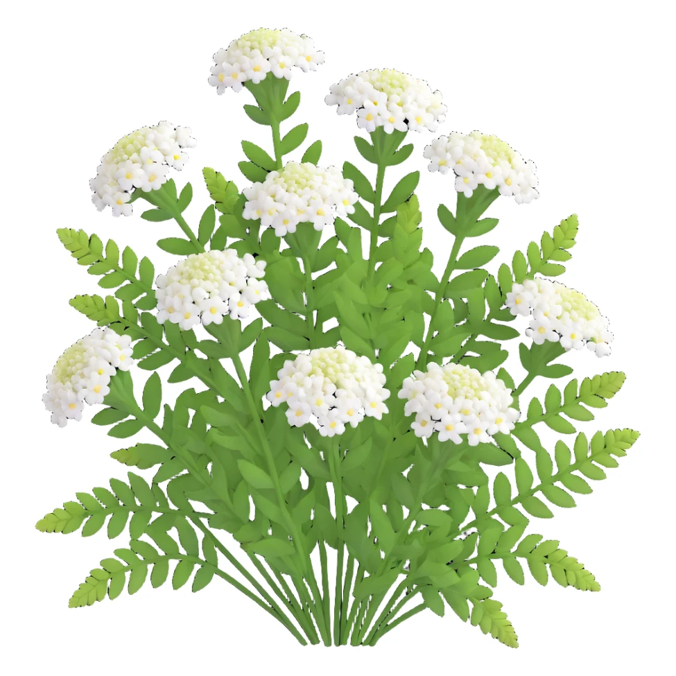 3D iOS style illustration of Achillea millefolium (common yarrow), realistic and vibrant, delicate white flower clusters, feathery green leaves sticker