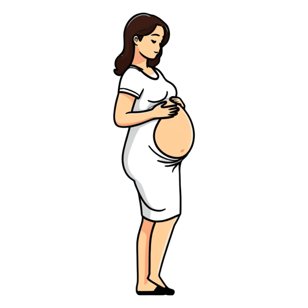 happy pregnant woman in second trimester, showing baby bump sticker