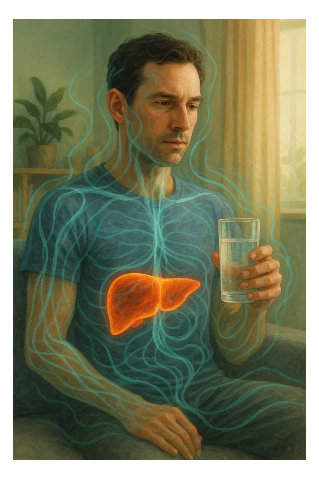 A man in a calm domestic environment, sitting with a transparent bottle or glass in hand containing an Epsom salt solution. He has a focused and aware expression. His body is partially transparent, with the liver highlighted brightly as if in a cleansing phase. Around the body, fluid energetic lines symbolize detoxification. The atmosphere is relaxed and natural, with warm light and green and blue tones representing health and purification. sticker