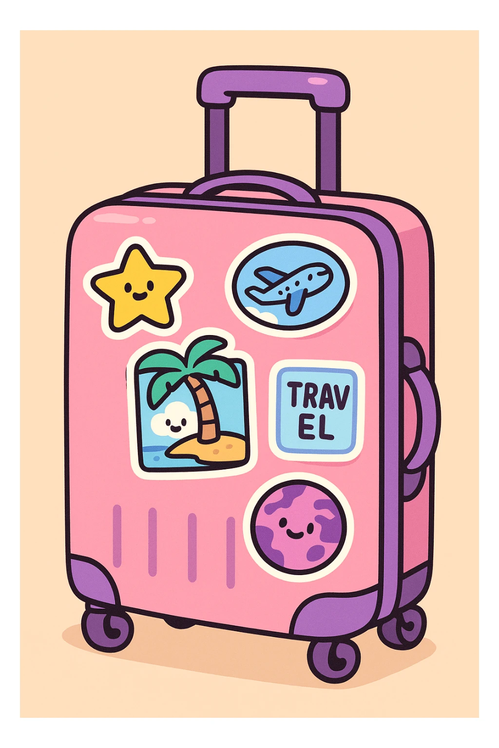 pink and purple rolling suitcase with different travel stickers, thick line art, flat pastel colors, graphic shadows and highlights, white sticker outline, cute cartoon style, variation 2 sticker