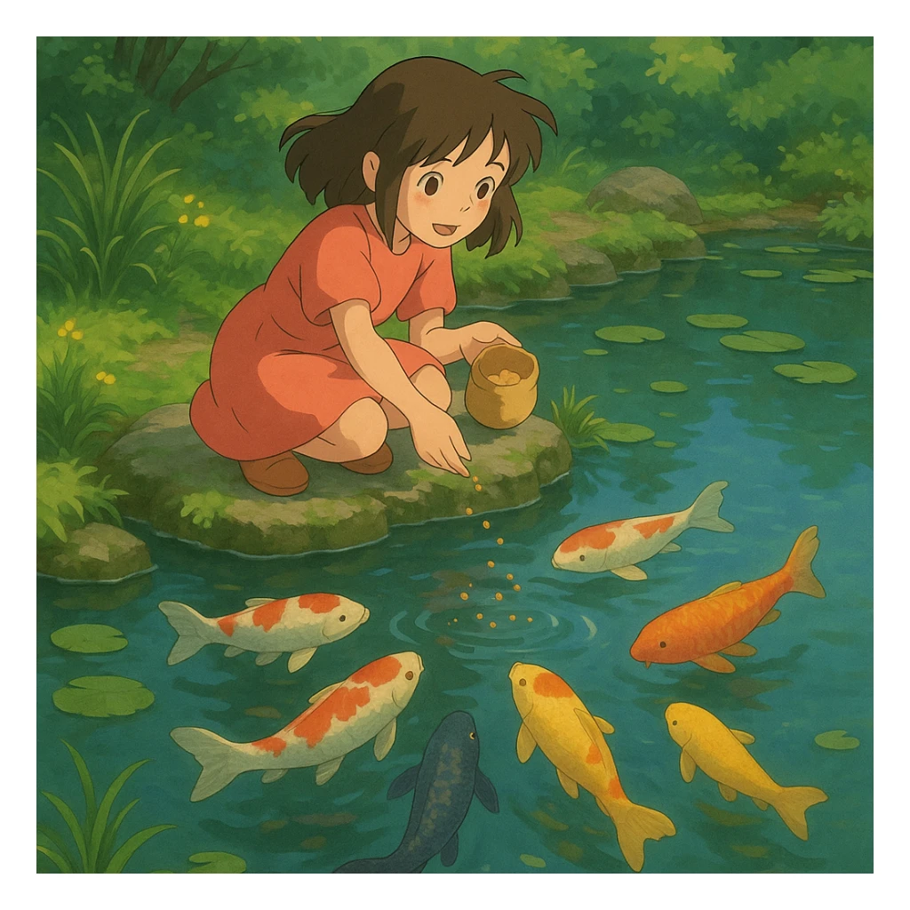 girl feeding koi fish in a pond sticker