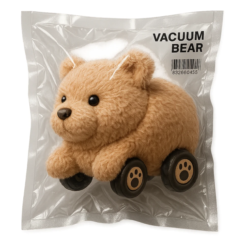 adorable fluffy vacuum cleaner bear, tiny paw wheels, rolling, soft brown pastel, full-body sticker